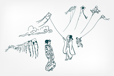 风筝节日本传统素描矢量日本插图墨水设计元素