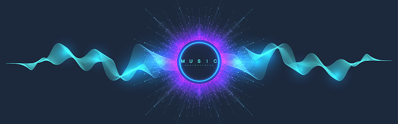 抽象的背景音乐。音乐波浪海报设计。声音飞行与抽象梯度线波，矢量概念