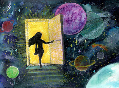 女孩打开了通往宇宙的大门。水彩绘画