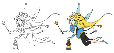 漂亮的卡通仙女拿着灯笼和魔杖。等高线手绘矢量插图儿童手机游戏，着色书，t恤设计模板等。