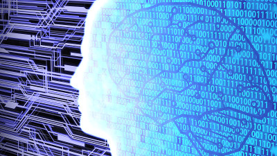 未来AI/人类头部轮廓与数字大脑计算和学习电路板和二进制代码背景版本
