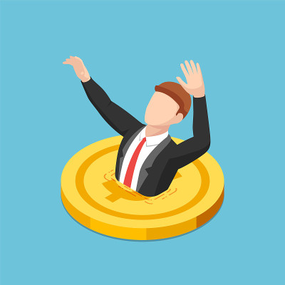 Isometric businessman drowning into golden dollar 