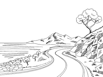 山道图形黑白景观素描插图矢量