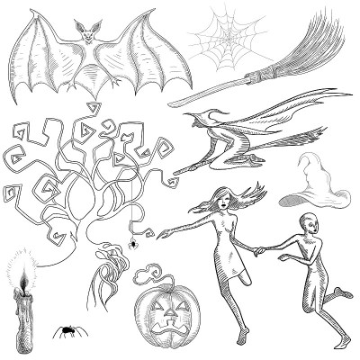 一套手绘的万圣节素描孤立在白色。