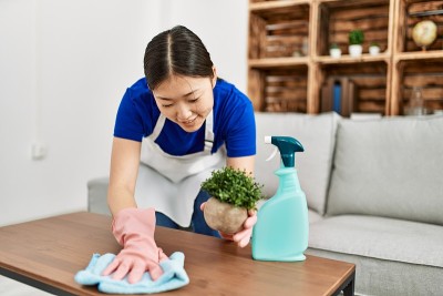 年轻的中国家庭主妇在家里用扩散器和抹布清洁桌子。