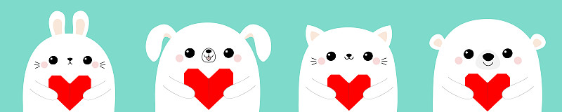 Happy Valentines Day. White cat kitten rabbit hare