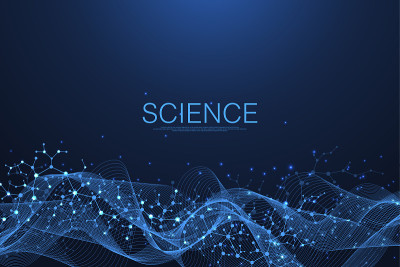 分子抽象结构和基因工程，卫生保健和医学背景。科研背景。波流，创新格局。矢量插图。