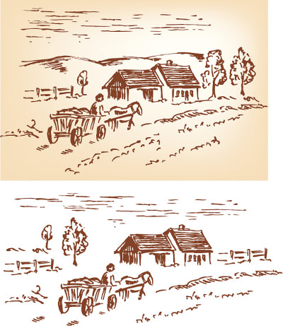有房子、马车的乡村景观