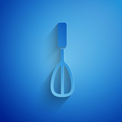 Paper cut Kitchen whisk icon isolated on blue back