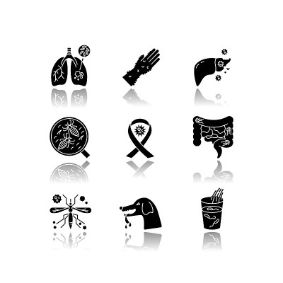 病毒感染drop shadow black glyph icons set。不同的传染病细菌病毒医疗