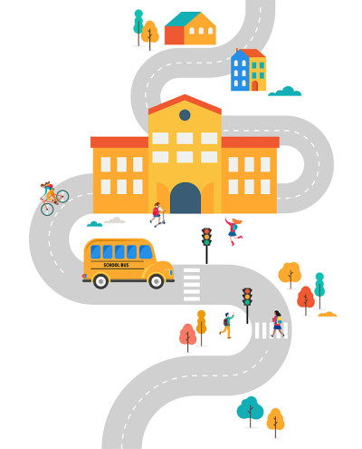 男孩和女孩穿过马路去学校的场景。道路安全概念