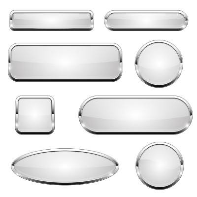 White glass 3d buttons. With chrome frame. Set of 