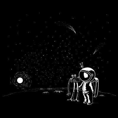 Doodle style ufo and astronaut vector characters. 
