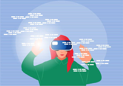 女人在VR头盔探索与3d形状的网络空间。