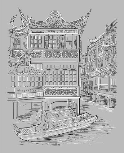 灰色中国手绘地标7