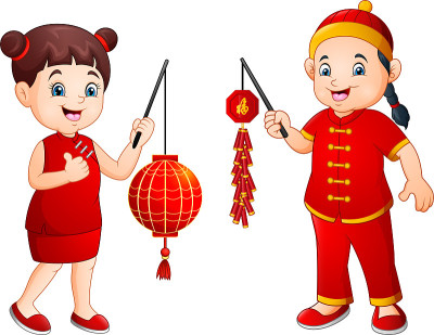 卡通的中国孩子拿着灯笼和鞭炮