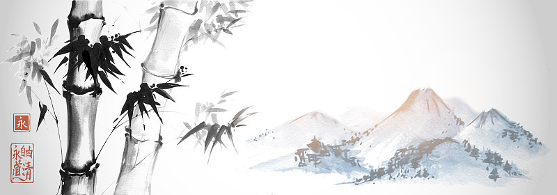 竹林和远处的蓝山在白色的背景。传统的日本水墨画。象形文字——永恒。自由、清晰。