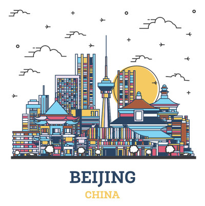 用白色隔离的彩色历史建筑勾勒北京中国城市天际线。