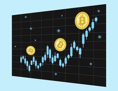 比特币增加。加密货币图表上升。加密货币图形的硬币价格正在增长。矢量图