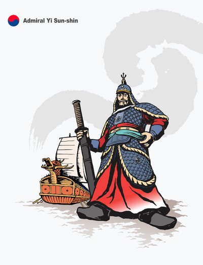 易舜臣上将笔画，矢量插画。韩国人民把顺申义将军誉为英雄。