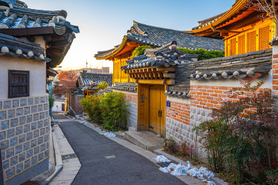 首尔城市天际线与北川韩屋村在韩国