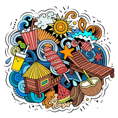 夏季海滩矢量涂鸦插图。