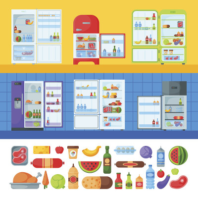 打开冰箱有机食品厨房用具家用器具冰箱电器冰柜矢量插图
