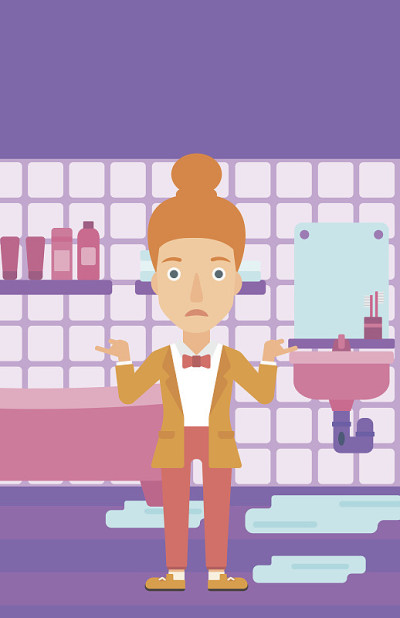 绝望的女人站在漏水的水槽旁