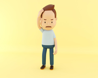 3D卡通人物，困惑和周到
