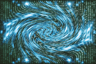 蓝色矩阵数字背景。扭曲的网络空间的概念。人物落入虫洞。入侵矩阵。虚拟现实设计。复杂的算法数据黑客。青
