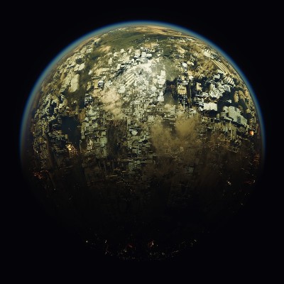 3d艺术的工业星球地球，气候恶劣，大量污染和辐射来自工厂产生的黄色烟雾，在外层空间