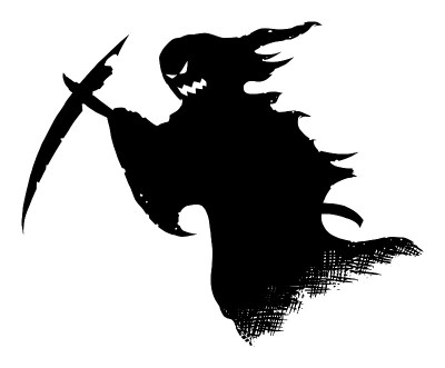 矢量插图的黑色剪影与镰刀或死神死神的可怕的万圣节幽灵在白色背景