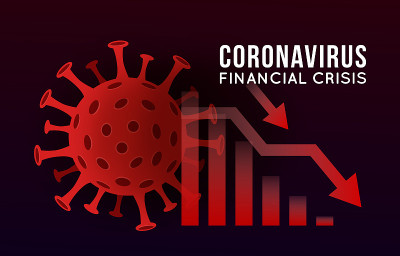冠状病毒对证券交易所和全球经济影响的矢量概念说明。Covid-19病毒导致市场下跌。背景烛台股票图表