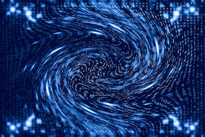蓝色矩阵数字背景。扭曲的网络空间的概念。人物落入虫洞。入侵矩阵。虚拟现实设计。复杂的算法数据黑客。青