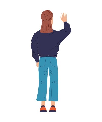 穿着牛仔裤的卡通女孩站在她的背部。穿休闲装的青少年。年轻女子举手。人打招呼时挥动手臂的背影。矢量女性