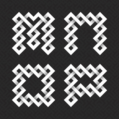 交织条字体。M, N, O, P白色浮雕字母上的黑色图案背景