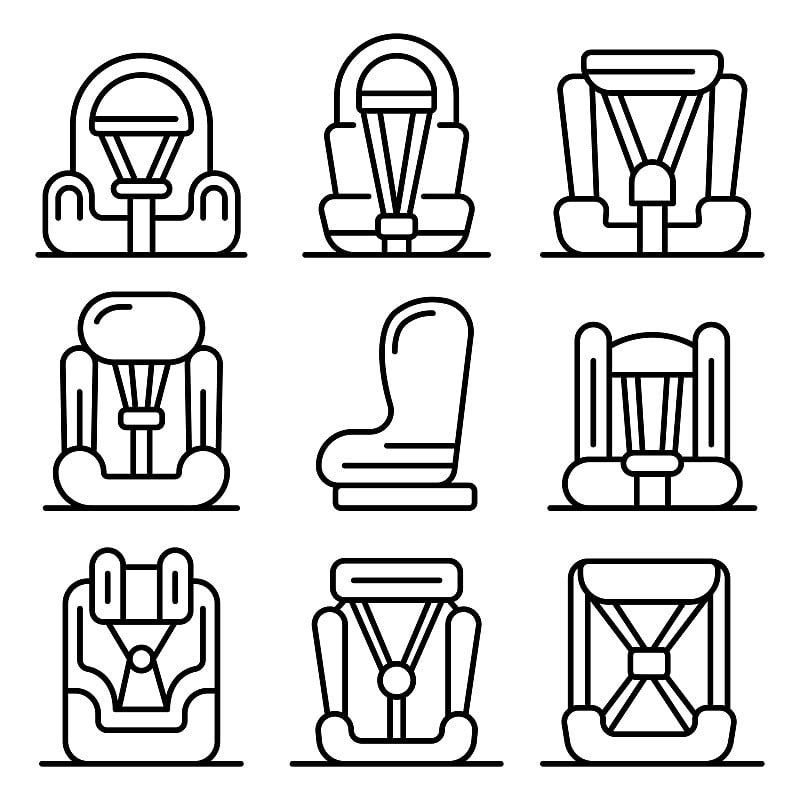 Baby car seat icons set, outline style