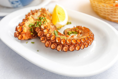 美味的烤章鱼装在白色盘子里。海鲜烹饪与健康饮食理念