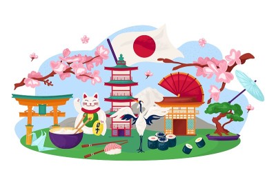 日本旅游概念，传统日本符号矢量插画。旅游景点和地标。樱花,亚洲的架构。