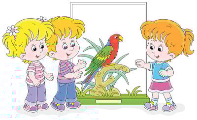 孩子们在动物园里看鹦鹉
