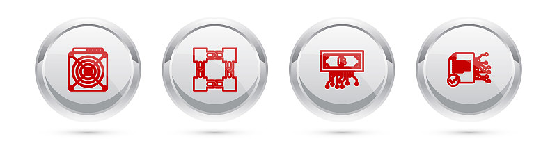 集ASIC矿机、区块链技术、带电路的加密比特币和智能合约。银圈按钮。向量