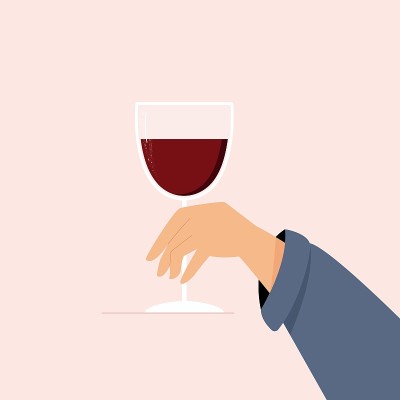 手握红酒酒杯。矢量图
