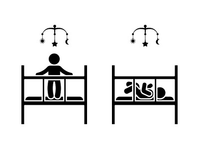 Stick figure新生儿在婴儿床，帆布床，婴儿床，摇篮向量图标插图集。小棍童站着、躺着、玩着挂