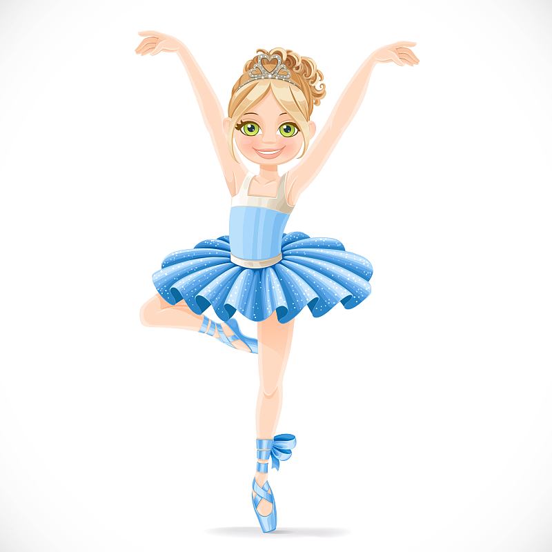 Ballerina girl in blue tutu dancing on one leg iso