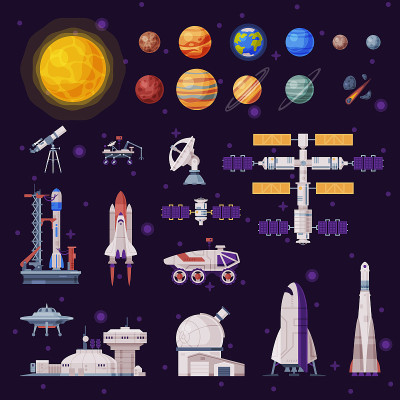 空间物体收集，太阳系行星，火箭，航天飞机，月球车，人造卫星，航天工业概念矢量插图