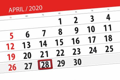日历计划2020年4月，截止日期，28日，星期二