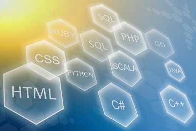 黄蓝色背景下的程序设计语言和应用程序开发概念。php、sql、html、css等学科培训课程。