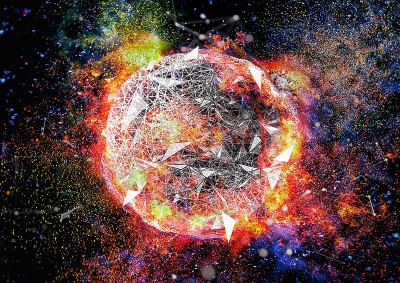 三维插图的一个几何球体燃烧与科学技术的概念