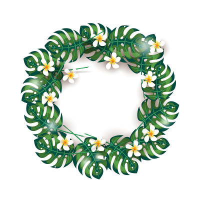 Wreath of palm leaves and tropical flowers isolate