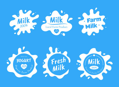 Set of various isolated white milk logo, splash an